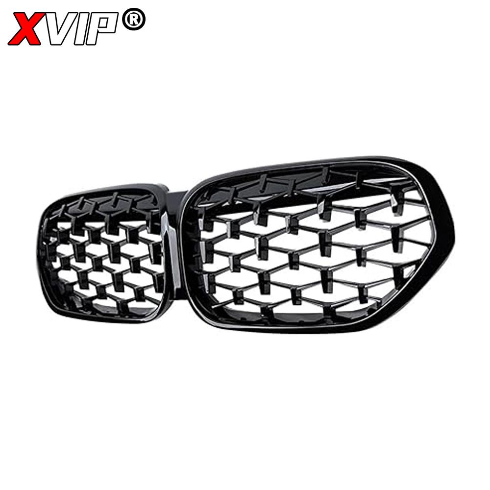 XVIP Carbon Fiber Look Double Line Style Front Racing Grills For BMW X1 F48 LCI 2020-2022 All Black Diamonds Style Upper Grilles