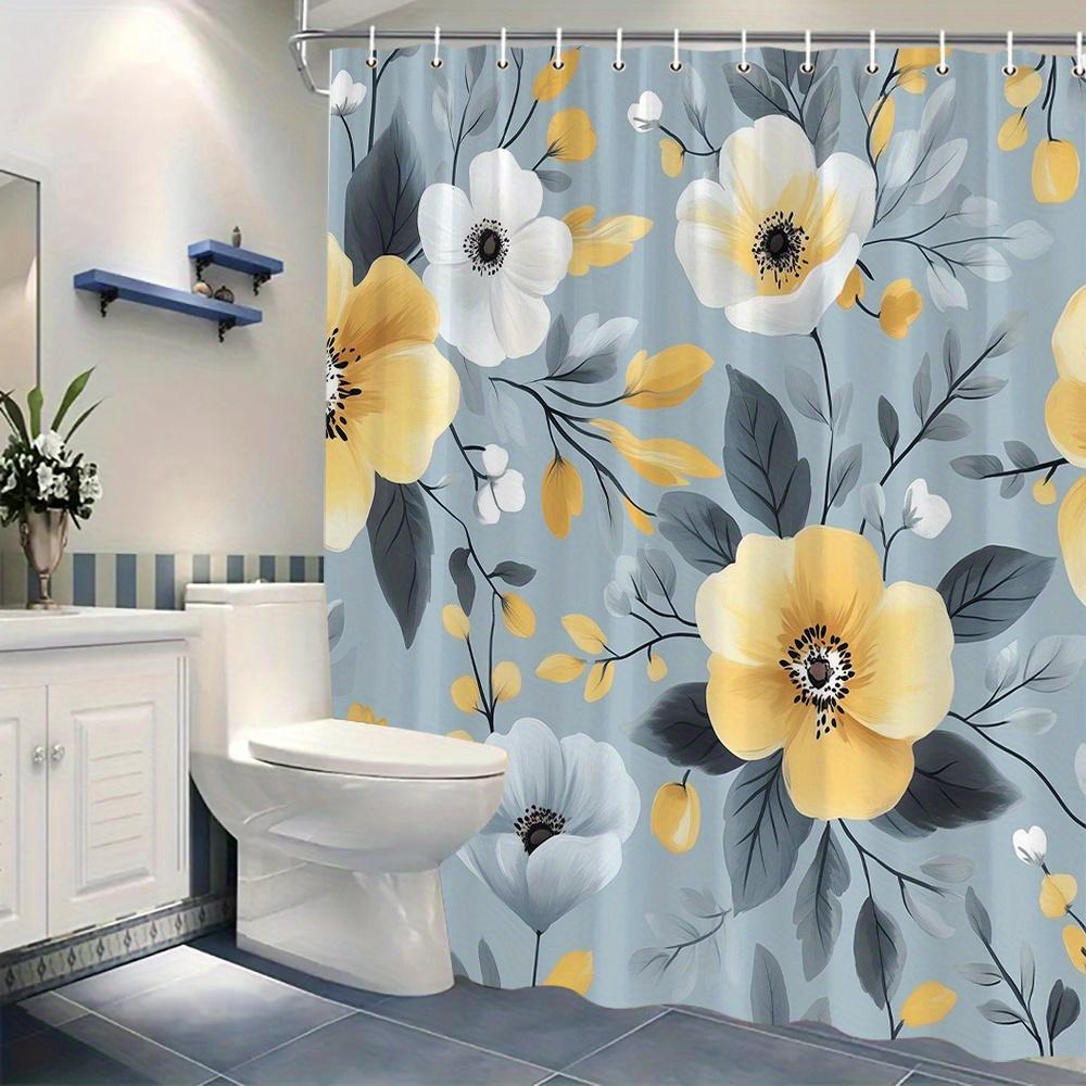 1Pc Yellow And White Peony Floral Shower Curtain With Hooks, Machine Washable Polyester, Suitable For Bathroom Decoration