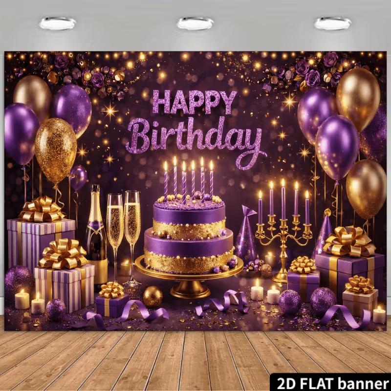 

2D Purple Gold Birthday Banner Cake Table Background Photo Booth 47.2x31.5inch/120*80cm