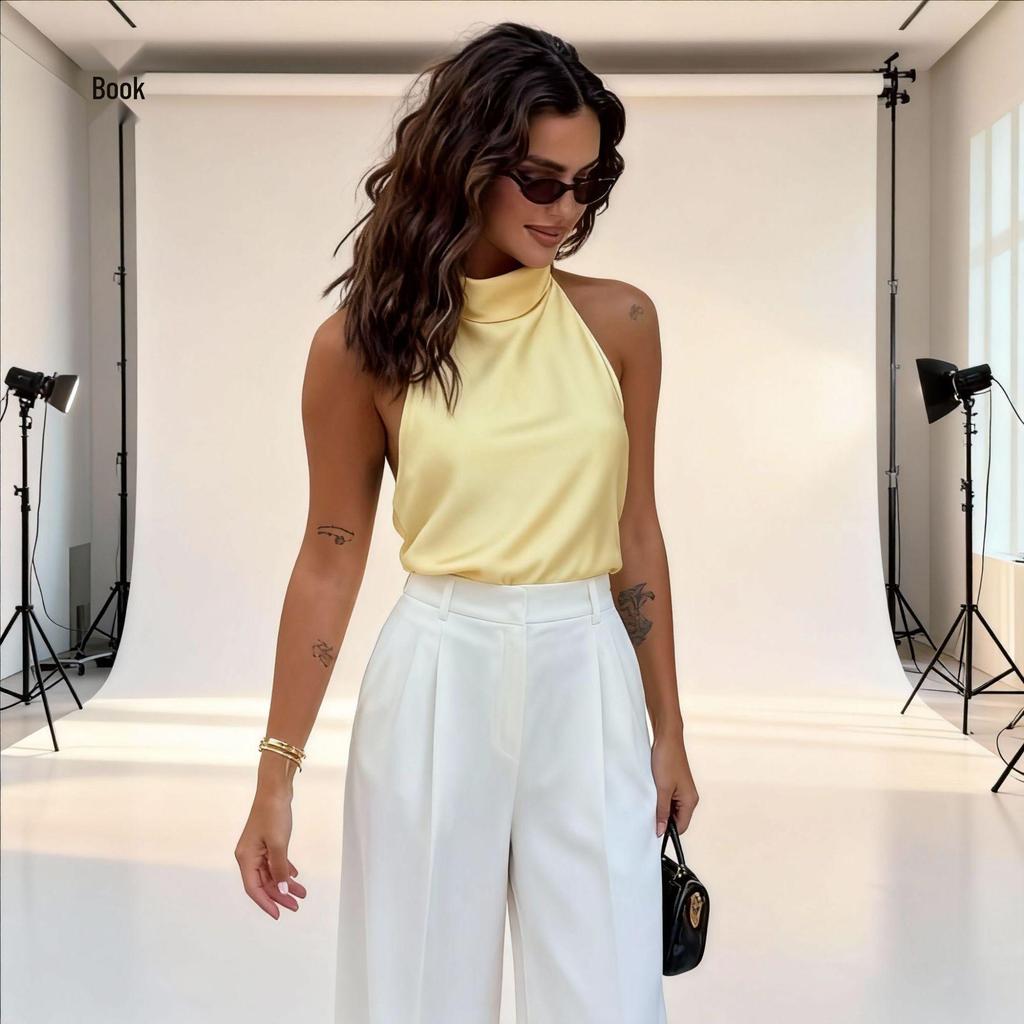 2025 Summer European & American Style Silk Satin Halter Neck Top