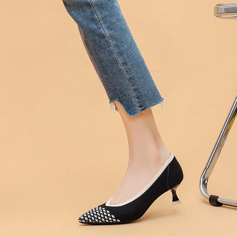 Mode 2024 Damen Frühling Herbst Spitz Dünne Absätze Gestrickt Modisch Atmungsaktiv Rutschfest Professionelle Schuhe Mokassins Mesh Ballett