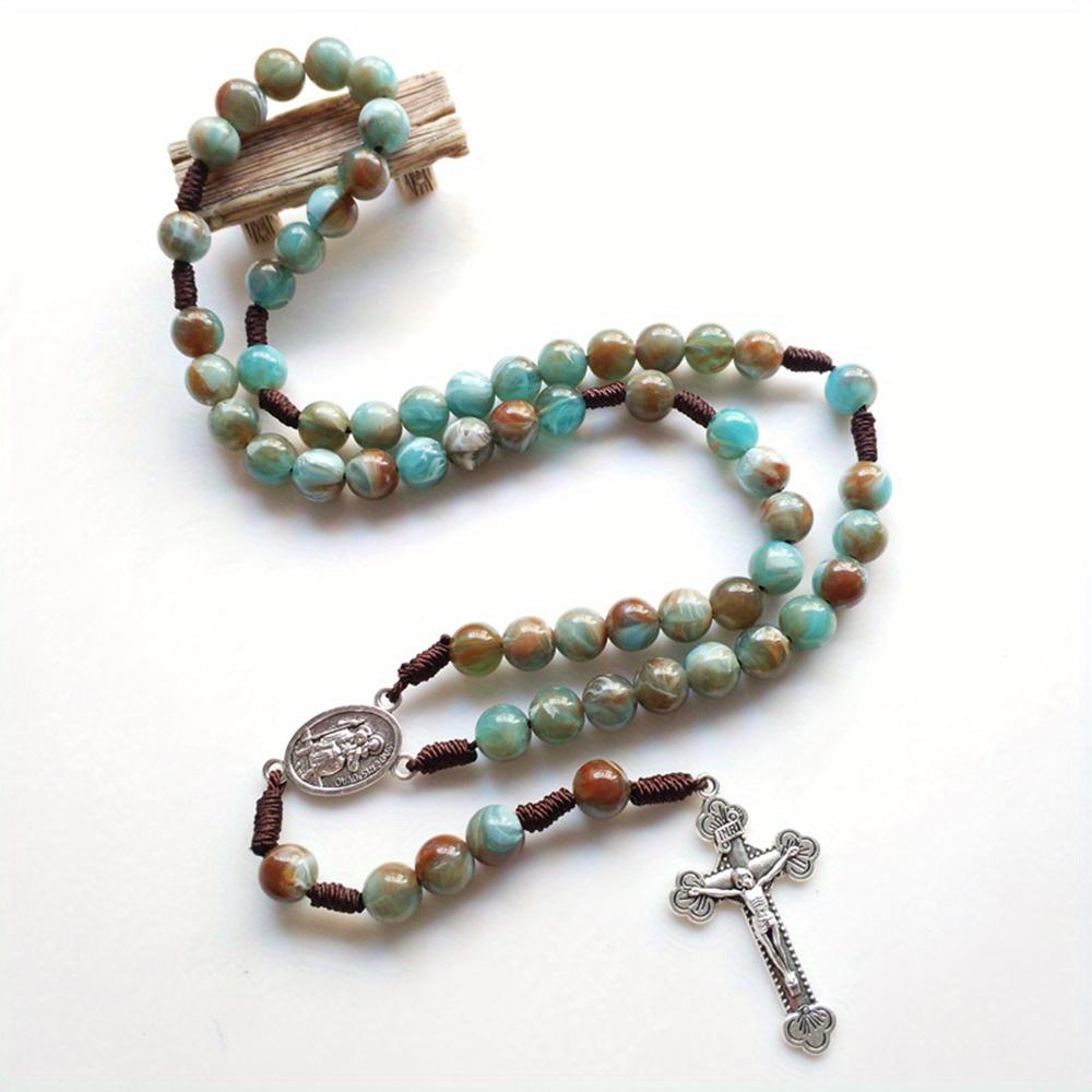 Religious Confirmation Catholic Trinity Crucifix Cross Blue Green Meditation Beads Chain Prayer Chaplet Rosary Necklace Jewelry