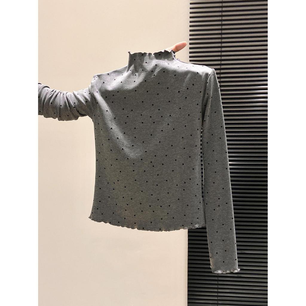 Women's Polka Dot Ruffle T-Shirt: Warm Long Sleeve, Half-High Collar Base Layer for Autumn/Winter