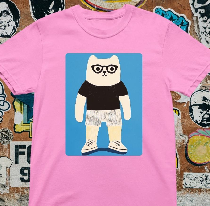 Cute Cat T-Shirt Funny Cartoon Cat with Glasses Tee Minimalist Kawaii Animal L