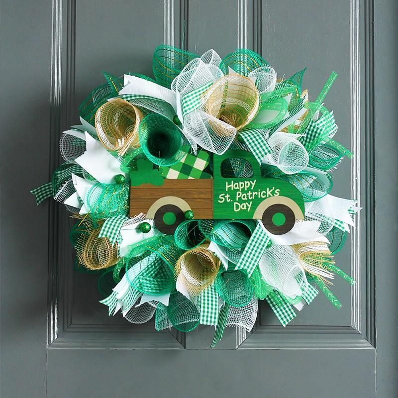 St. Patricks Day Clover Wreath Shamrock Silk Ribbon Decor Home Outdoor