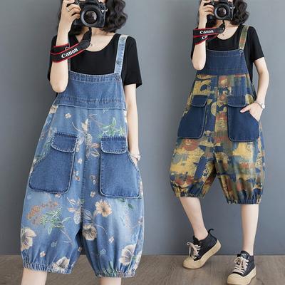 2025 Summer New Big Pocket Loose Cowboy Strap Pants for Women Vintage Printed Large Size Over Knee Denim Jumpsuits