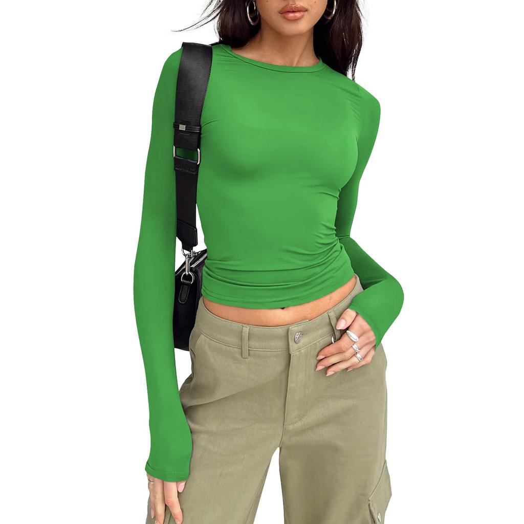 Women's Fashion Solid Colour Round Neck Long Sleeve T-Shirt Top