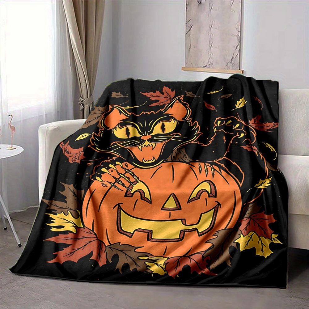 1pc Pumpkin Cat Blanket, Lightweight Flannel Throw Blanket for Sofa, Bed, Travel, Camping, Living Room, Office, Couch017