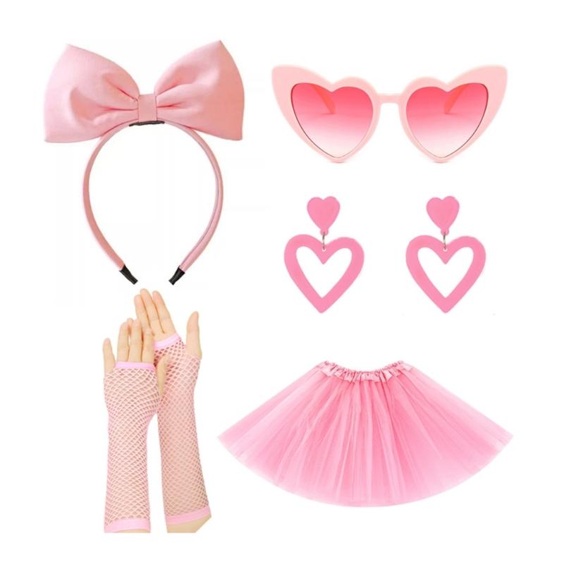 5Pcs 80s Costume Accessories for Women Princess Bows Headband Earrings Tutus Skirt Sunglasses Fishnet Gloves 80s Outfits