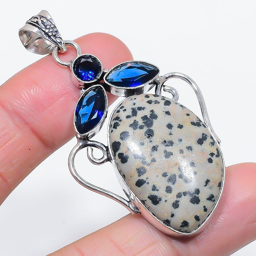 

Натуральная далматинская яшма, топаз, серебряный кулон 925 пробы, 2,36 дюйма U6F76