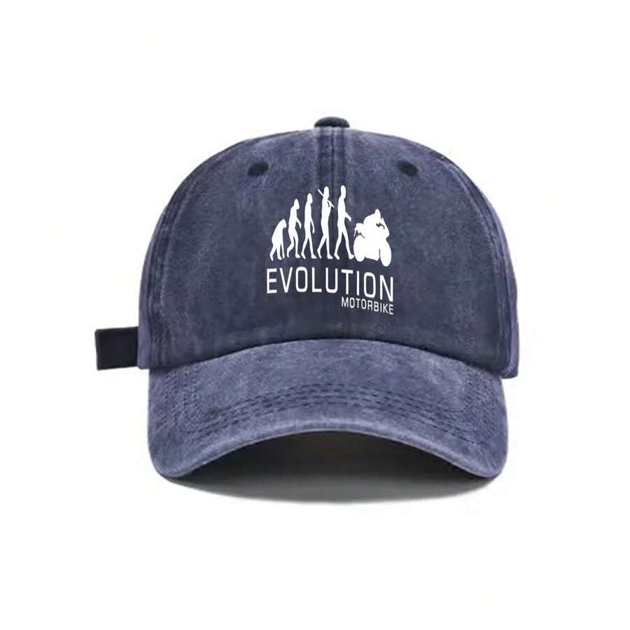 Washed Gray Baseball Cap With Evolution Motorbike Print Adjustable Snapback Hat Casual Streetwear Outdoor Sun Protection