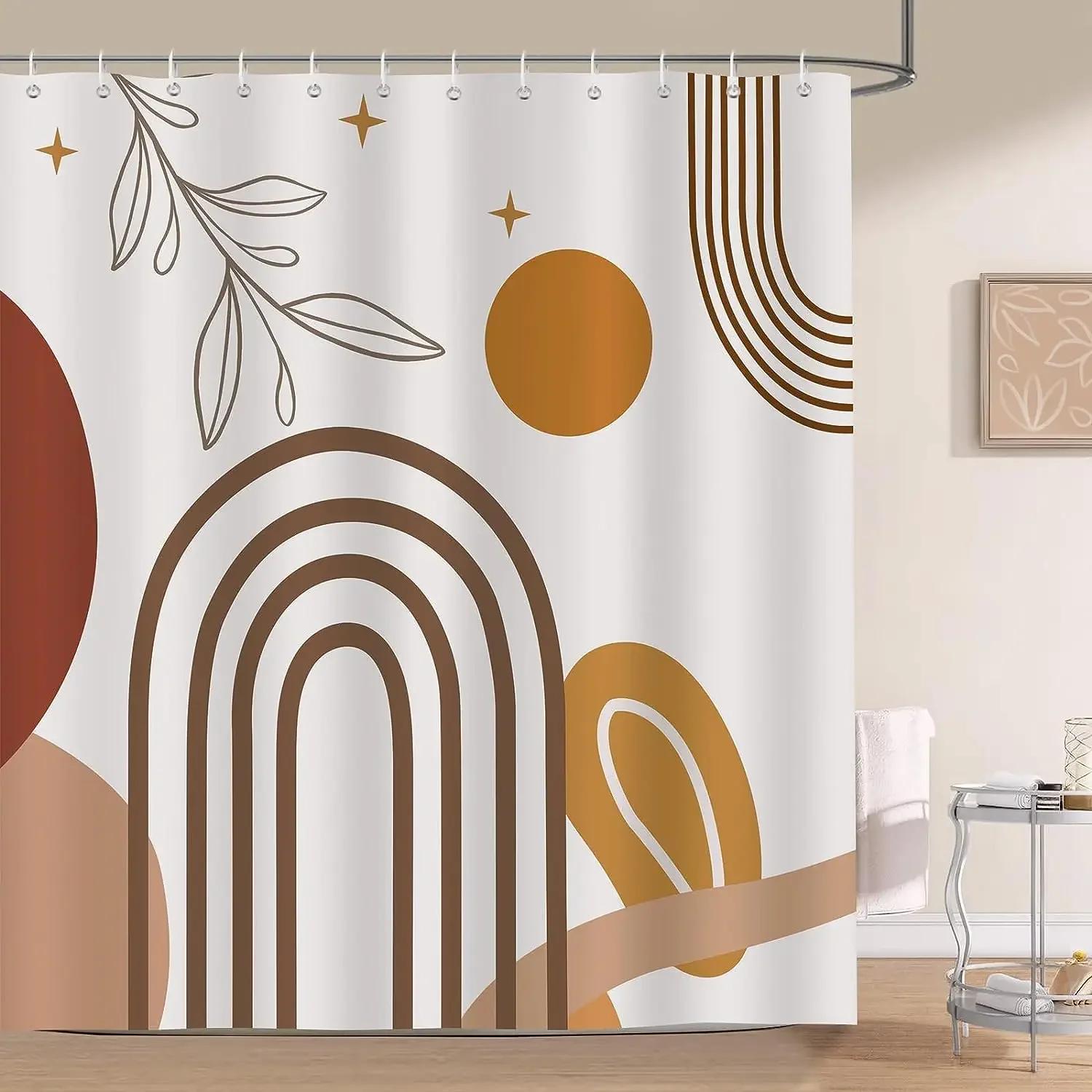 

abstract Bohemian shower curtain Medieval arch Sun leaf Modern minimalist aesthetic line geometric decorative shower curtain 60x70in-150x180cm