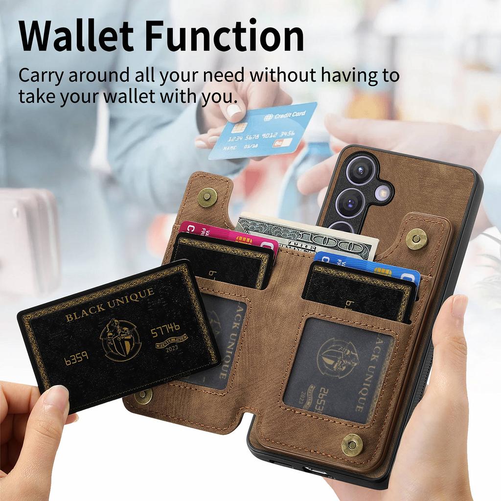 D15 For Samsung Galaxy S24 Wallet Case Retro PU+TPU Anti-scratch Kickstand Phone Shell