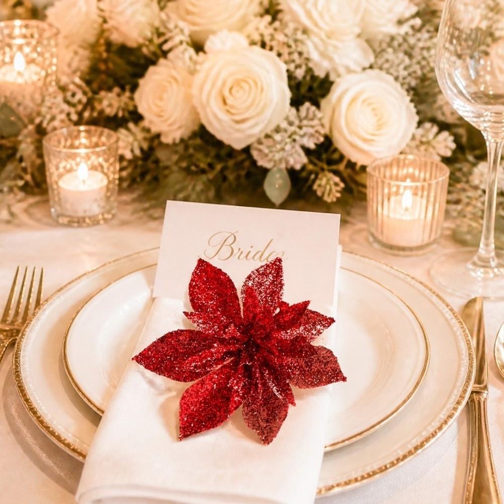 10Pcs Golden Gold Powder Artificial Poinsettia Flowers Multi-Color 7.5cm 10cm Glitter Flower Christmas Tree Decor DIY