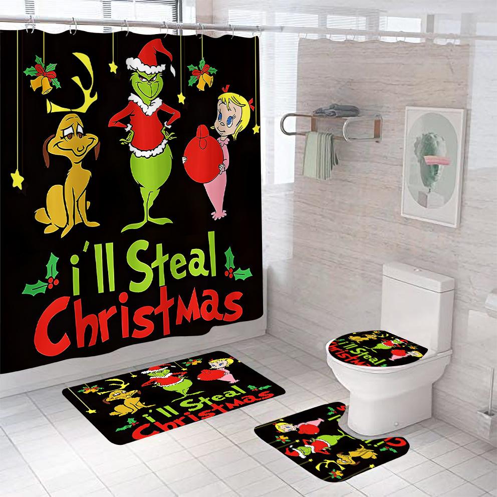Bathroom Shower Curtain Four-Piece Green Hair Monster Christmas Green Waterproof Shower Curtain Toilet Partition Curtain Bath Mat