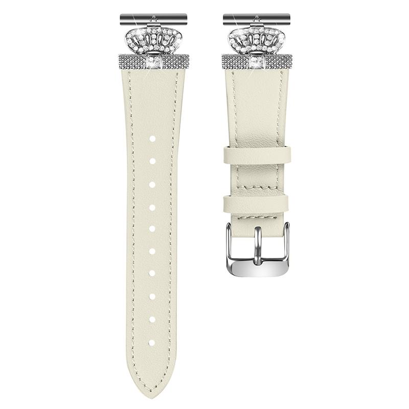 

For TicWatch E/2/C2 (Black/Silver Dial) Watchband Genuine Cow Leather Silver Connector Strap,Rhinestone Crown Decor Apricot