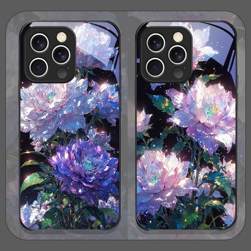 Elegante Custodia in Vetro Temperato con Motivo Floreale di Peonia Bianca per iPhone 17 16 Pro Max 15 14 13 12 11 Mini XS XR 7 8 14Plus Cover