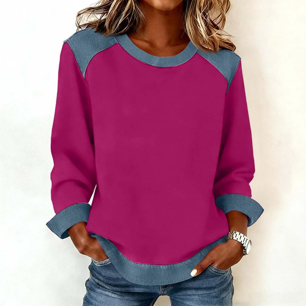Women Denim Collar Patchwork Stitching Sweatshirt Casual  Pullover Long Sleeve Shirts