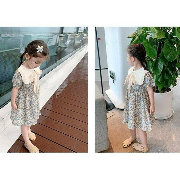 Summer Floral Princess Dress - Short-Sleeved Korean Lapel Style for Girls