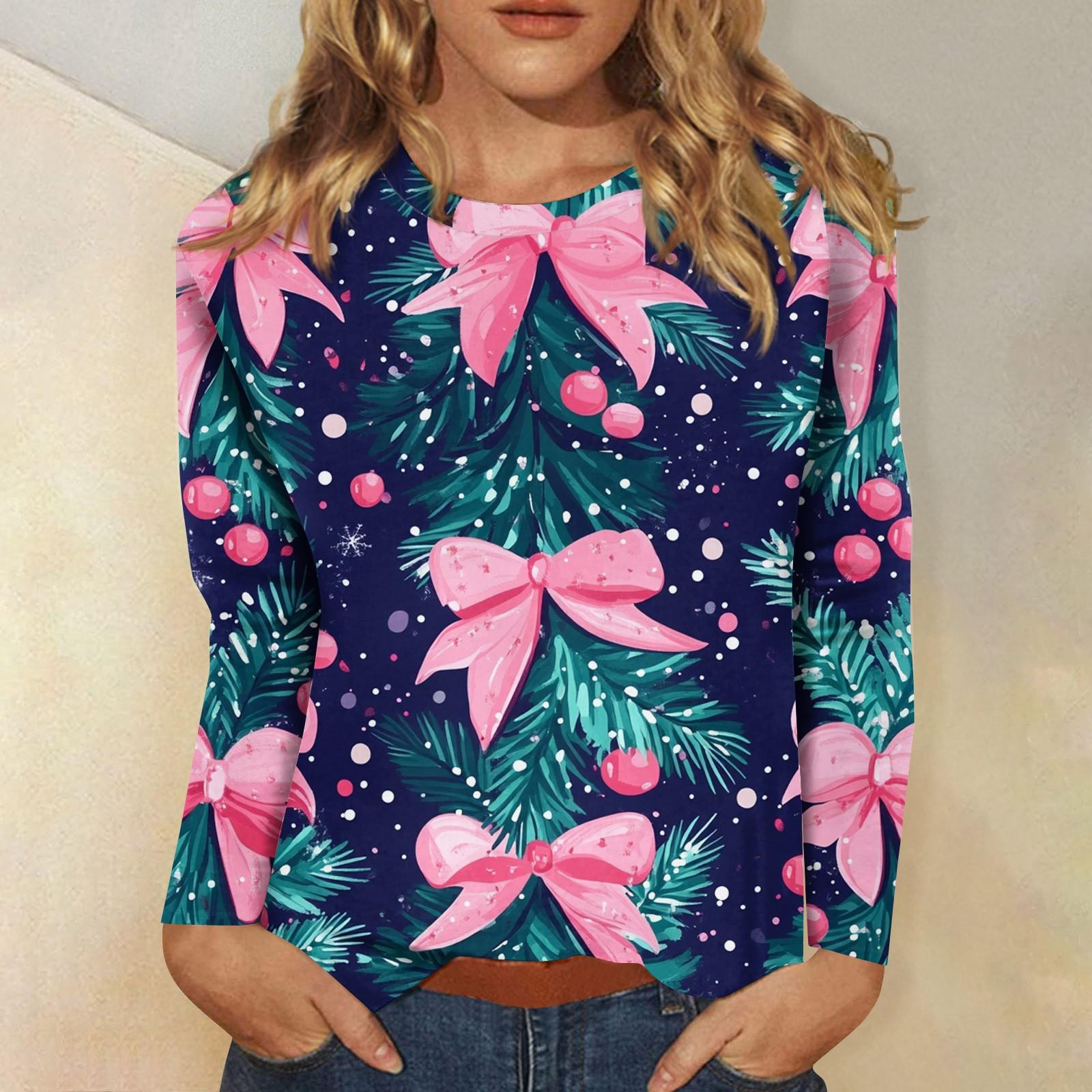 

Женский модный повседневный топ с длинными рукавами и рождественским принтом с круглым вырезом Топ с длинными рукавами S розовый