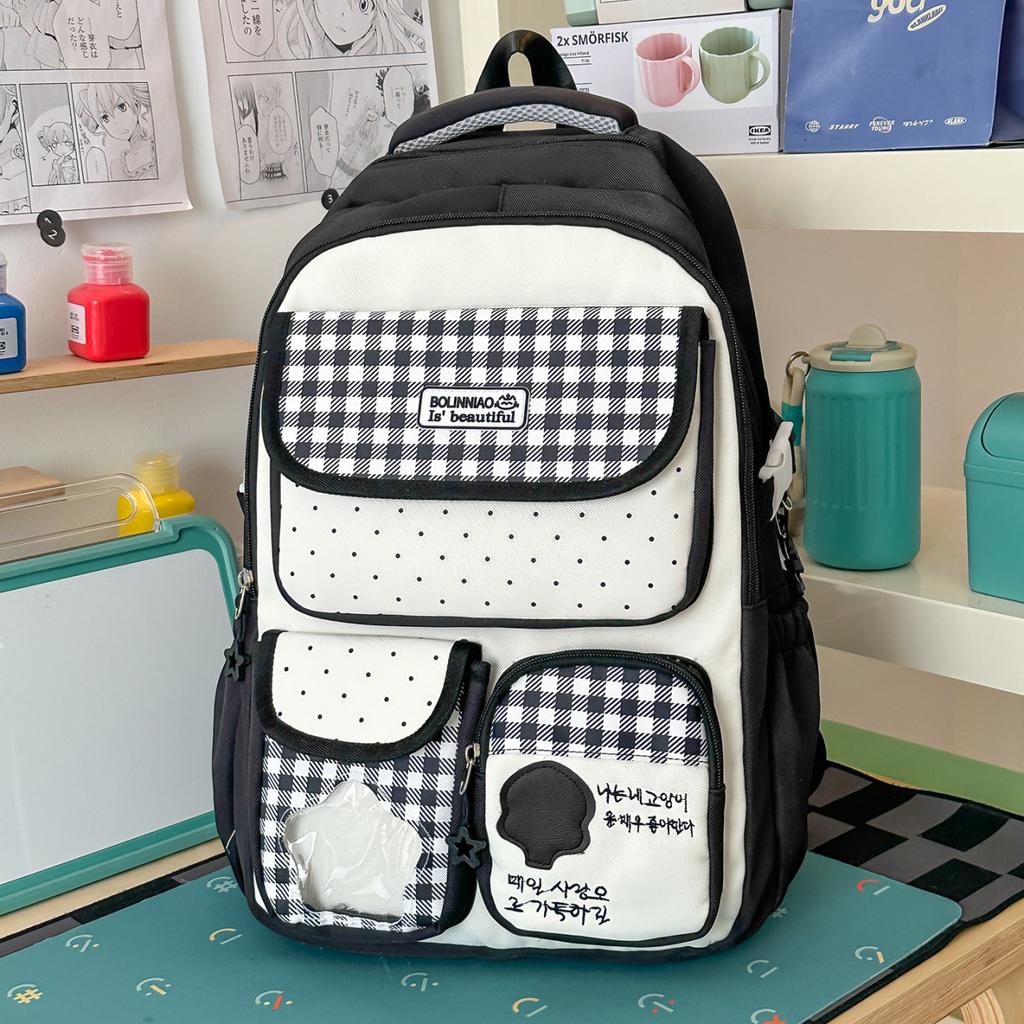 Schoolbag Cute Plaid Backpack Fifth and Sixth Grade Female Student School Bag Large Capacity Lightweight Backpack Middle School Campus Backpack