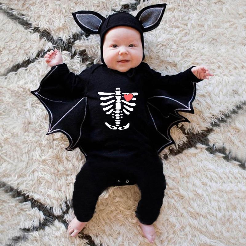 Halloween Skull Print Baby Romper with Bat Shape and Pumpkin Design, Includes Hat
