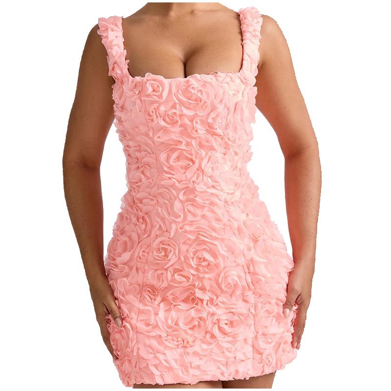 Summer 2025 Square Collar 3D Flowers Suspender Dress Women's Sexy Slim Fit Sleeveless Halter Dress Binding Strap Design Fashion Evening Dress