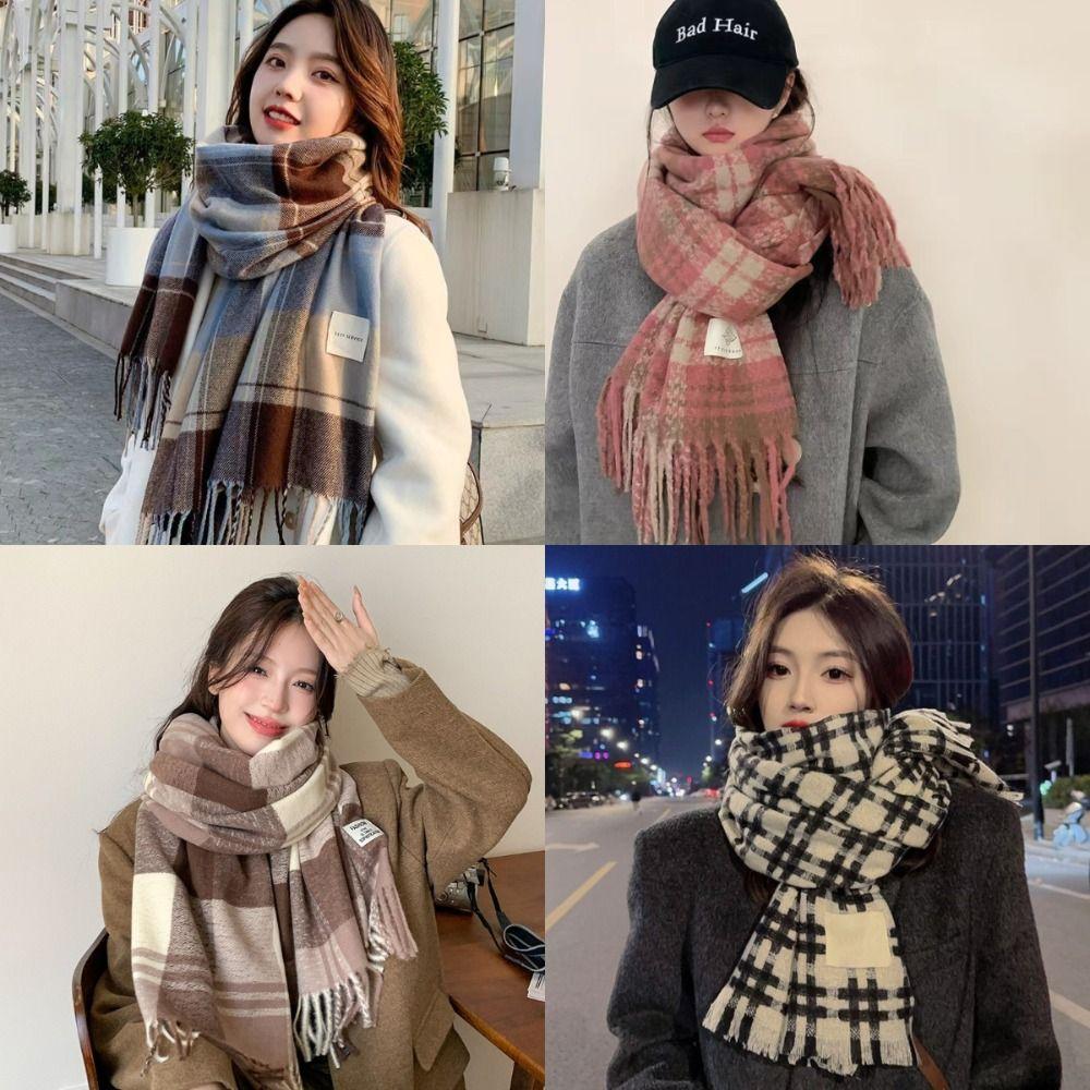 Soft Winter Plaid Scarf Rose Pink Shawl Wrap New Long Tassel Scarves Women