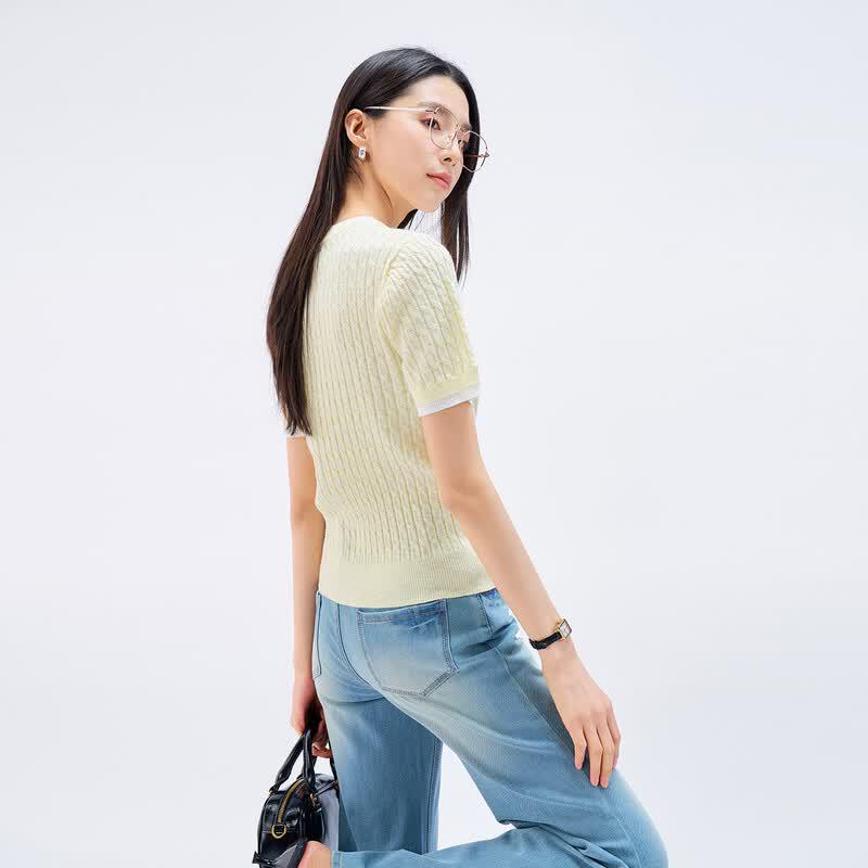 YERAD Women's Faux Two-Piece Cable Knit Short Sleeve Tee