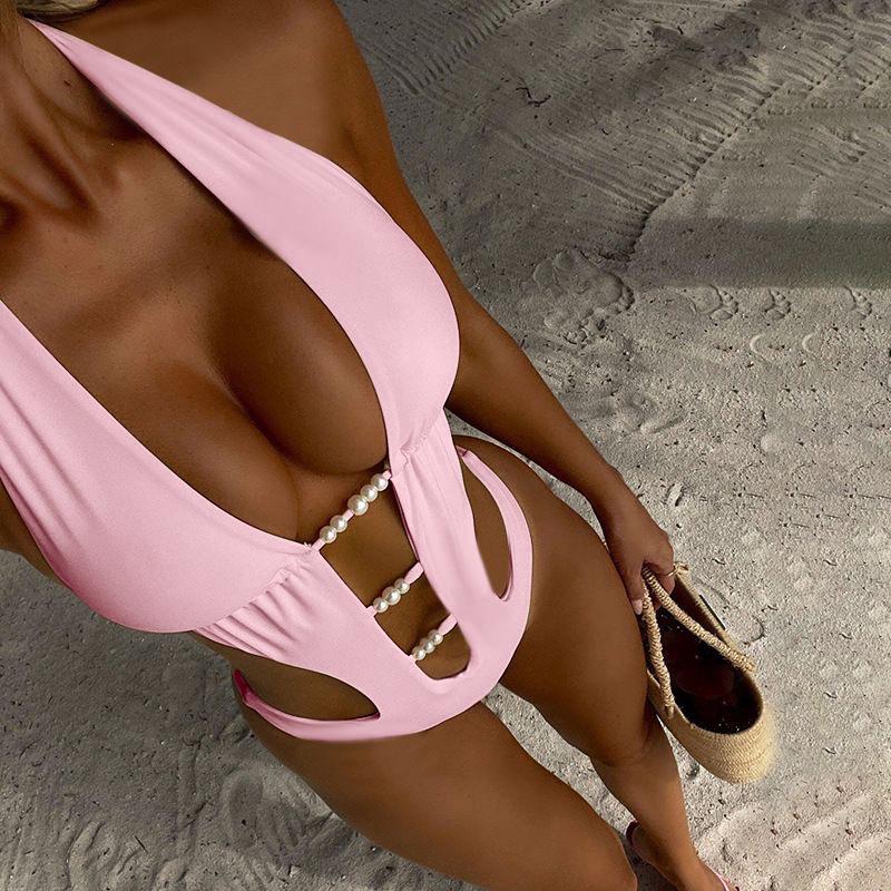 2026 New European & American Solid Color Halter Tie One-Piece Swimsuit