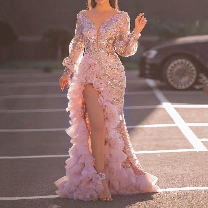 

2023 Sexy Mesh Tail Sequin Split Pink Evening Dress Evening Gown Pink M