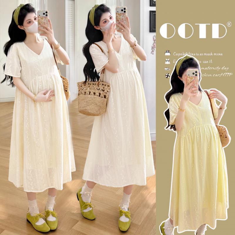 2026 Summer Gentle Style Embroidered Maternity Dress - Elegant, Slimming, and Age-Reducing