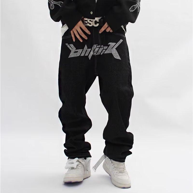 

Джинсы с принтом в стиле ретро хип-хоп, мужские уличные свободные прямые широкие брюки XXXL чёрный