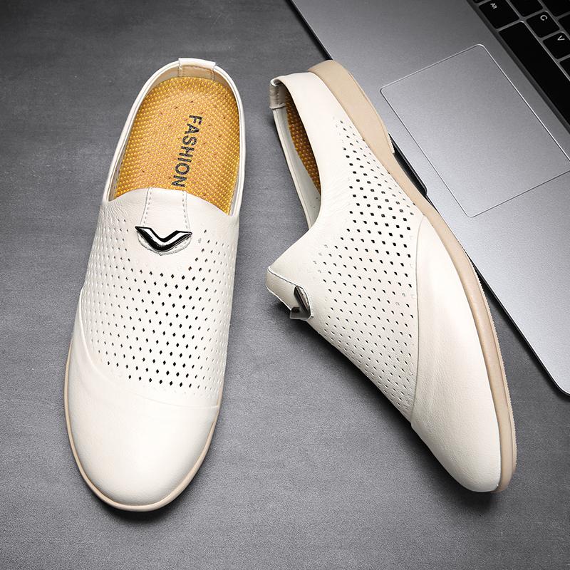 Fashion Summer Men's Shoes Black Leather Business Mules Casual Shoes Fashion Slip On Men Loafers Half Slippers Sapato Masculino Mocassin