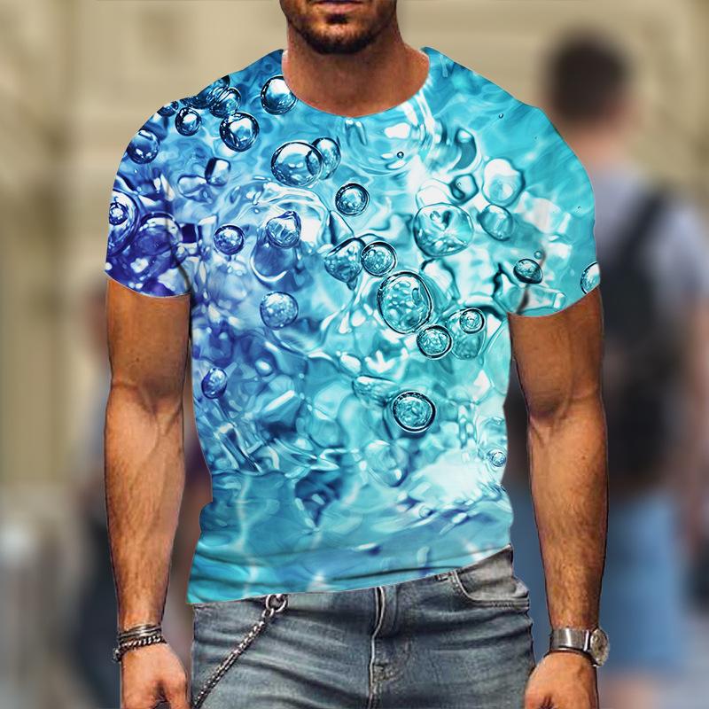 Summer Round Neck 3D Water Droplet Pattern Printed Top Fashionable Casual Short Sleeved Men's T-shirts