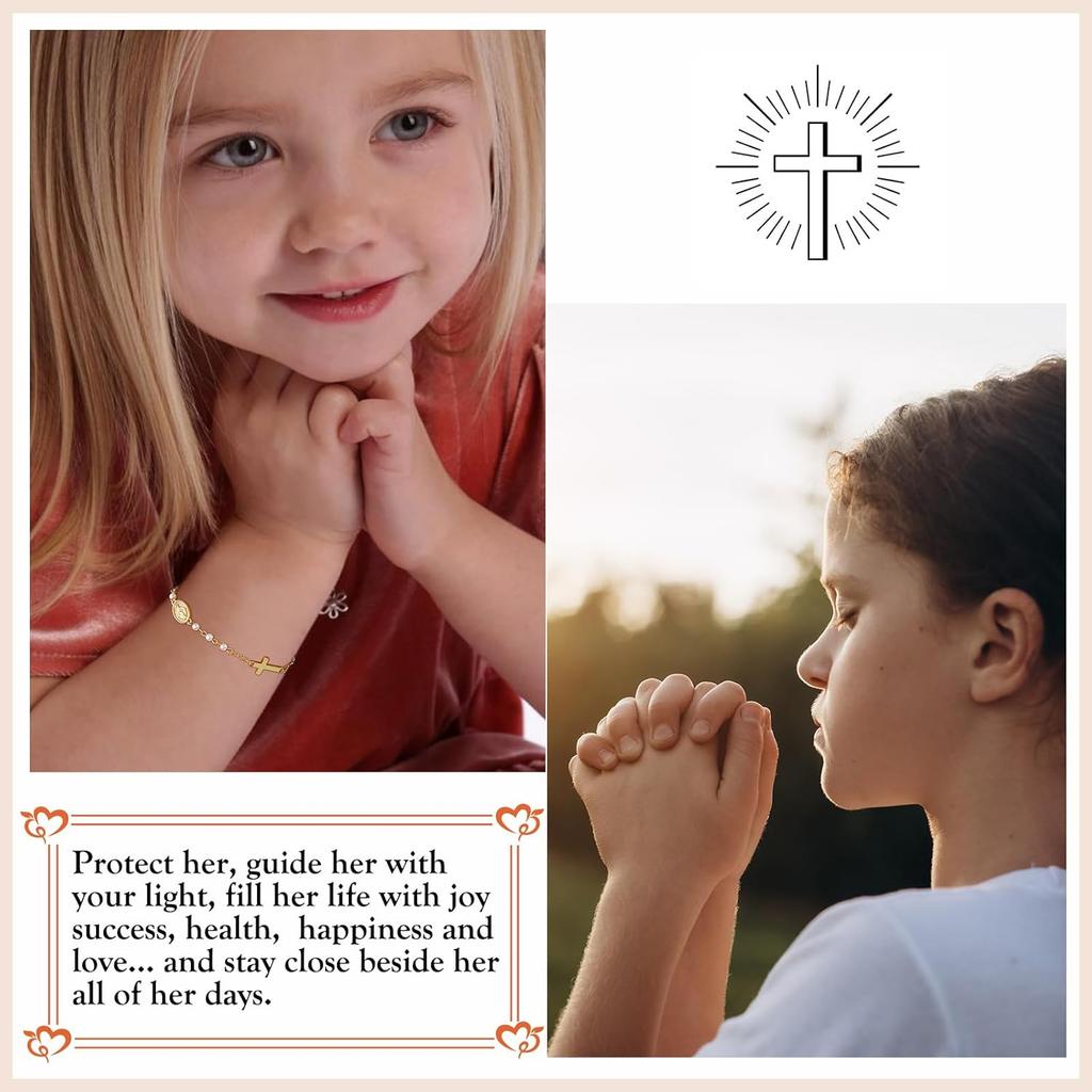 Catholic Gifts for Women Girls Pearl Rosary Beads Virgin Mary Cross Bracelet First Communion Baptism Religious Christian Jewelry