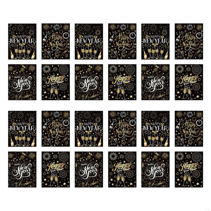 24Pcs Happy New Year Bottle Labels Black Gold Decorative Sticker For Champagne Wine Party Drinks New Year Celebration