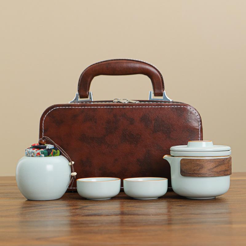 Ru Kiln Travel Tea Set One Pot Three Cups Portable Outdoor Ceramic Kuaike Cup Set Business Event Gifts