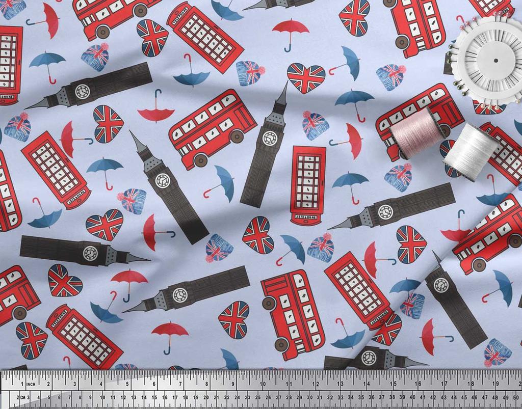 Soimoi Japan Crepe Satin Fabric Bus,Telephone Booth & London Clock Tower Architectural Print Sewing Fabric Metre 42 Inch