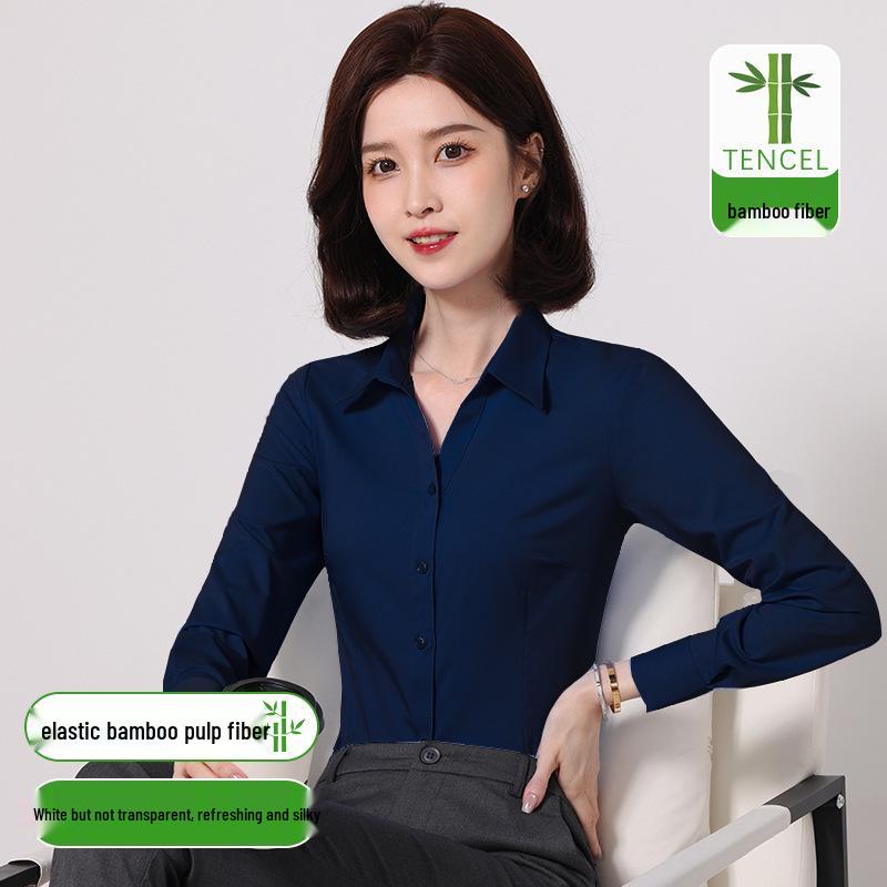 Women's Slim Fit Long Sleeve Bamboo Fiber Anti-Wrinkle White Shirt for Business or Casual Wear
