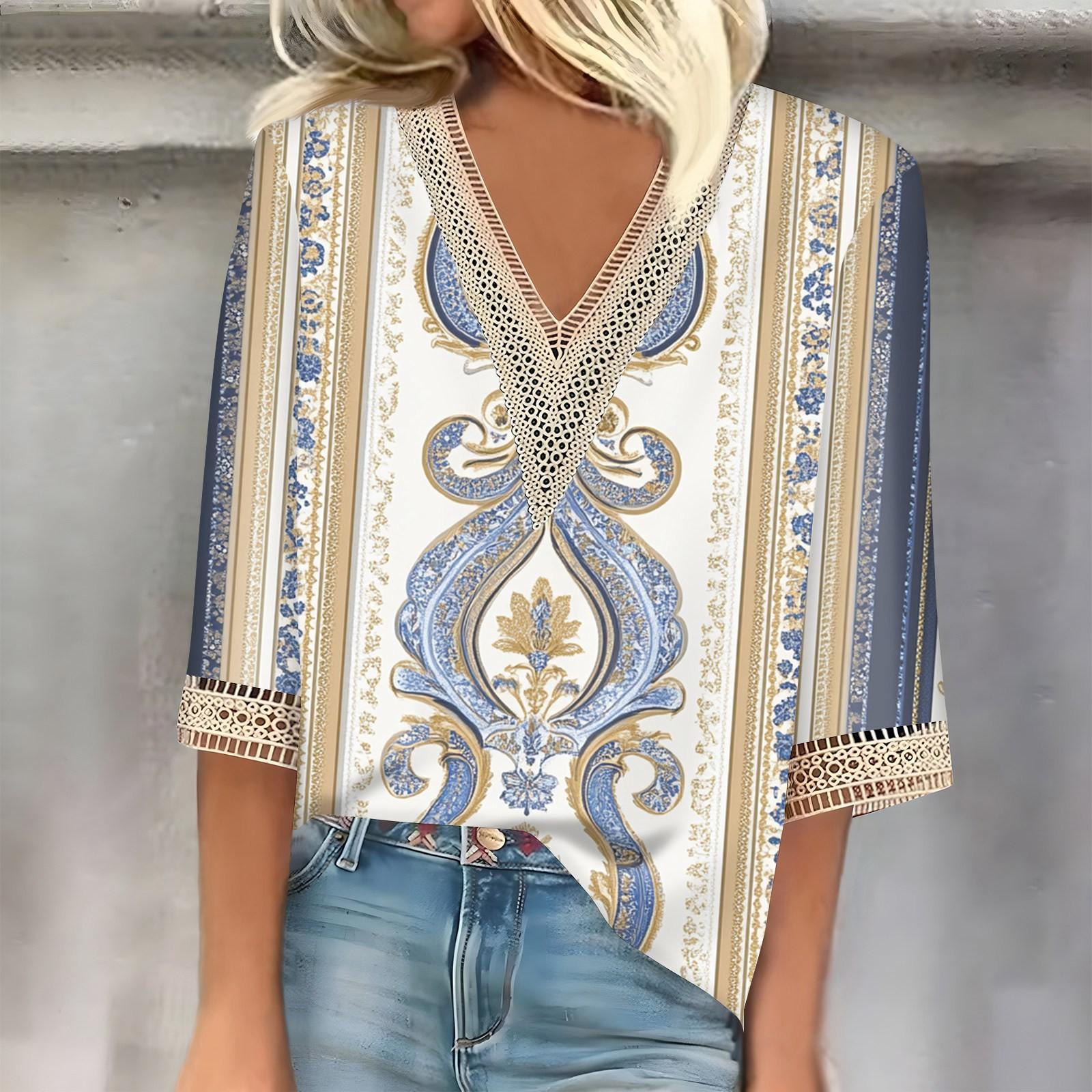 

Женский кружевной топ с винтажным принтом и рукавами три четверти XL белый