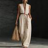 Women's Stand Collar Sleeveless Contrast Trim Drawstring Waist Wide Leg Solid Casual Long Jumpsuit