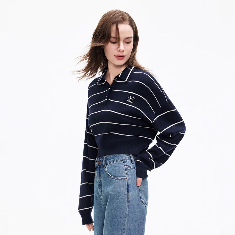 SheTu Women's Polo Collar Striped Knit Pullover