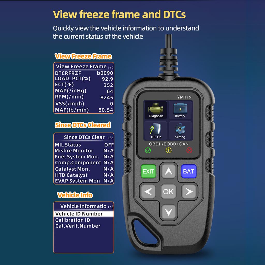 OBD II Scanner, Car Engine Fault Code Reader Battery Tester CAN Diagnostic Scan Tool for 12V Gasoline Vehicles, Black