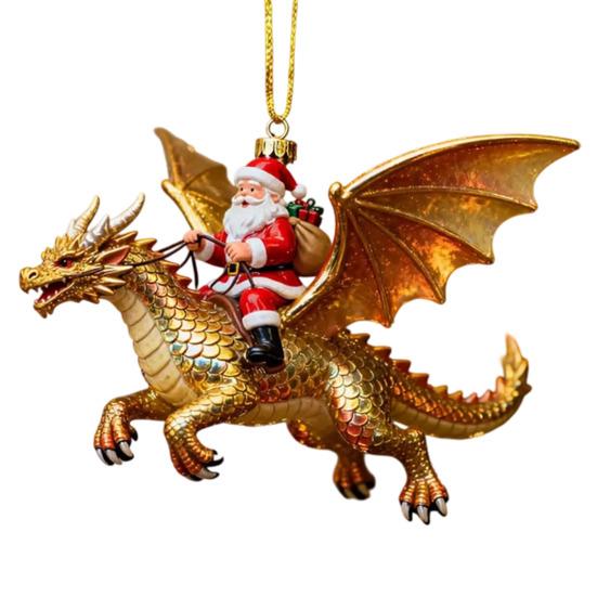 Christmas Door Window Decor Santa Claus Dragon Rider Ornament, 2D Acrylic Red Unique Xmas Ornament for Home with Flying Tree Hanging Decorations