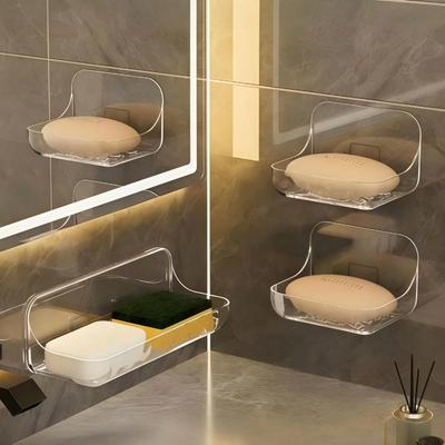 Non Drilling Bathroom Rack, Heavy-duty Self-adhesive Transparent Plastic Wall Mounted Waterproof Design, Multi-purpose Shower Room