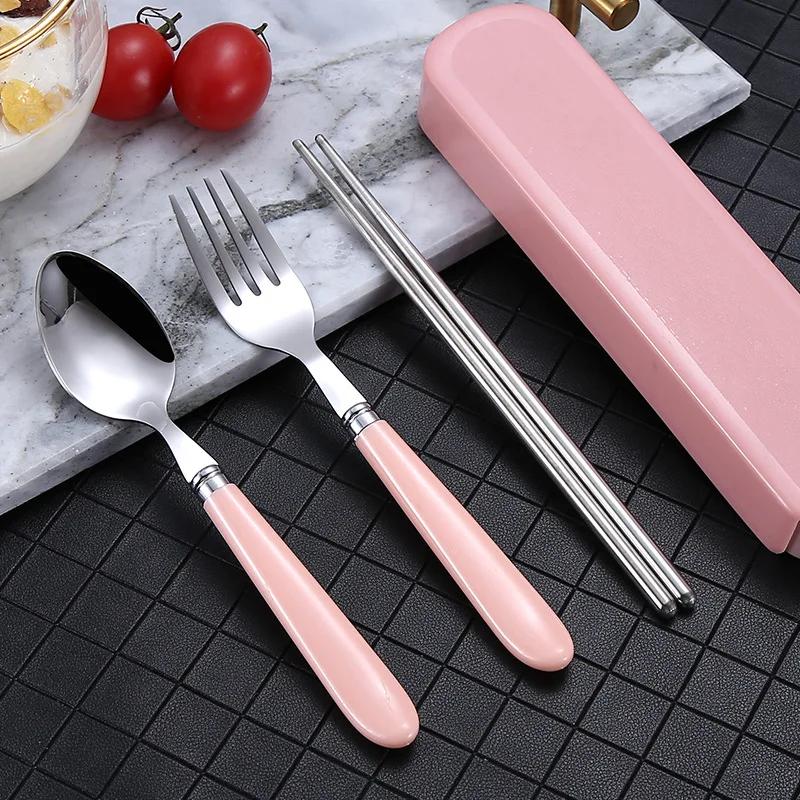 4pcs Stainless Steel Tableware Set Portable Fork Spoon Chopsticks Cutlery with Storage Box Dinnerware Sets Kitchen Accessories