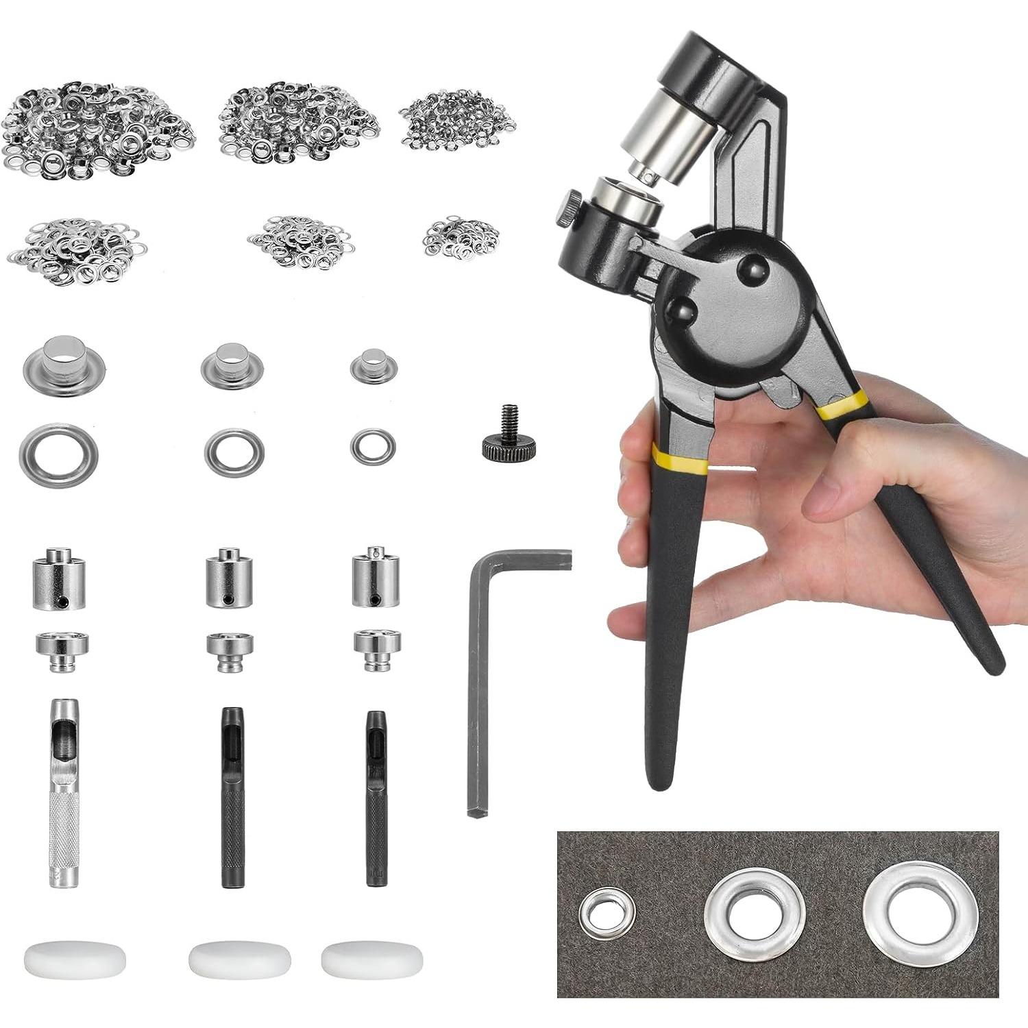 

Grommet Tool Kit 8mm 10mm 12mm Hand Press Multi-Size Eyelet Pliers Kit with 900 Grommet Supplies & Hollow Hole Punch Tool Handheld Eyelet Setter 8mm/10mm/12mm чёрный