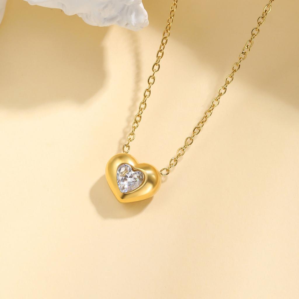 Cubic Zirconia Pendant Necklace for Women, Stainless Steel Chain Trendy Jewelry, Square Heart CZ Stone Boho Jewelry