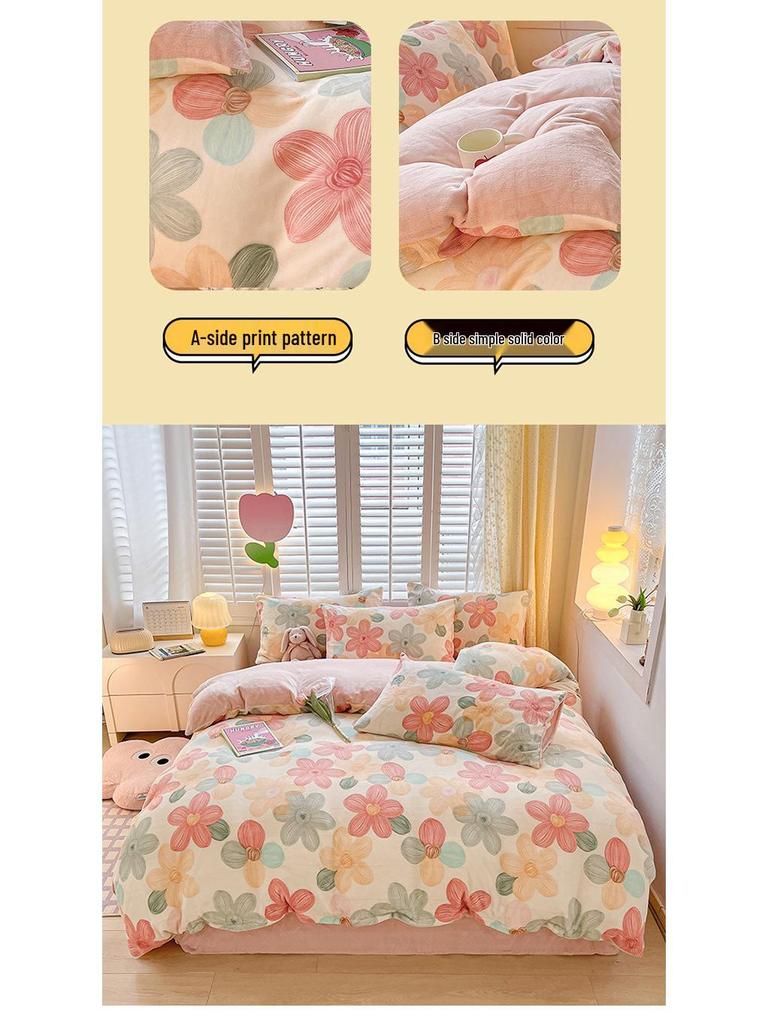 2025 Winter Milk Velvet Bedding Set: Fresh Coral Fleece & Flannel Duvet, Bed Sheet, Pillowcase